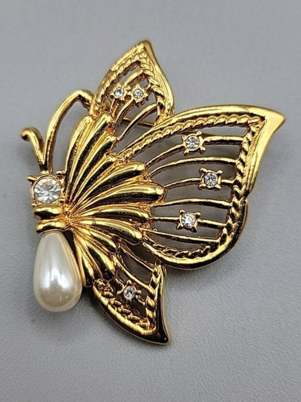 Roman Brooch Gold Tone Rhinestone Faux Pearl Butterfly  Pin Vintage